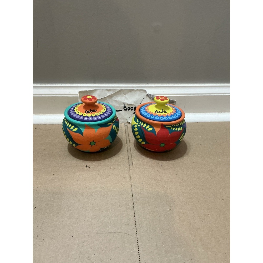 2 Cuban Painted Terracotta Trinket Jars - Picture 1 of 12